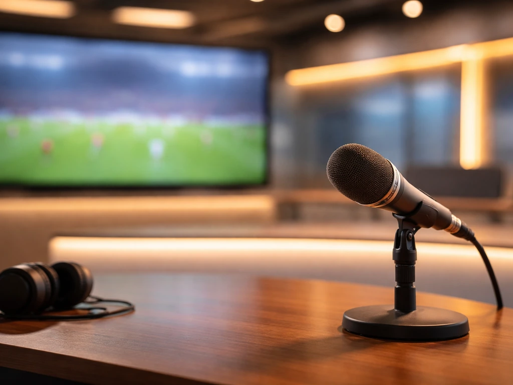 Close-up of a TV studio microphone with blurred broadcast screens in the background