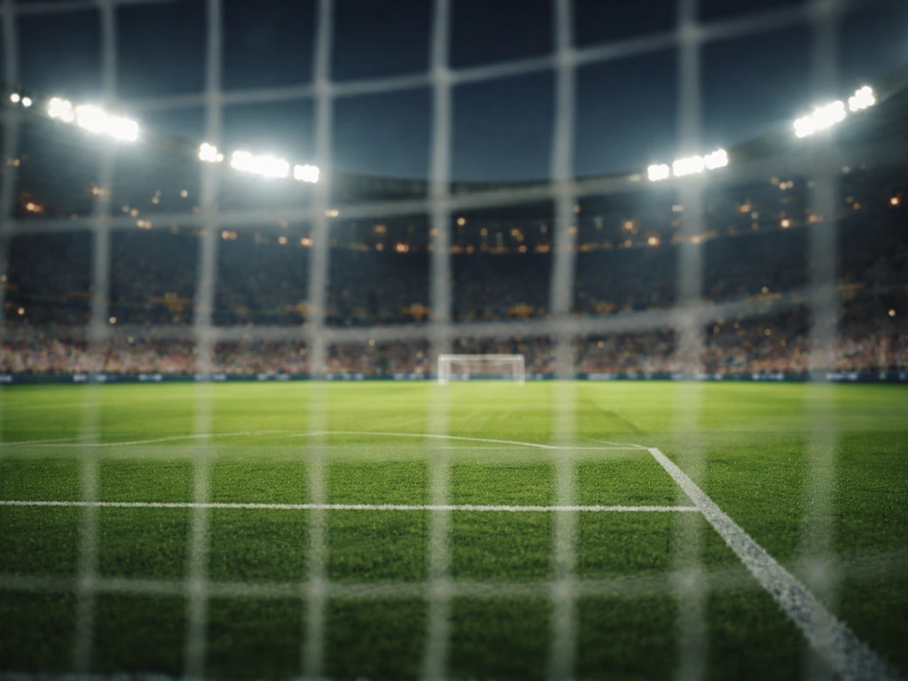 Empty football stadium at dusk with a blurred match crowd, evoking sports profile research without showing any player.