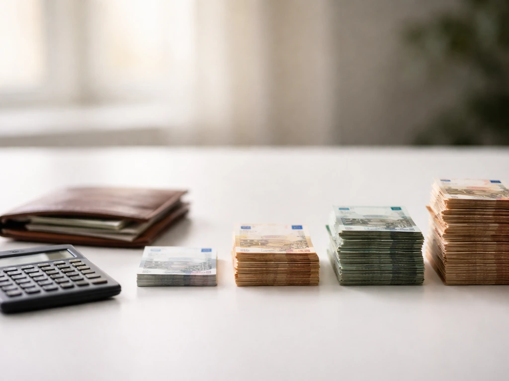 Minimal photo of a tidy office desk with a calculator and neatly stacked currency, symbolizing club-by-club earnings.