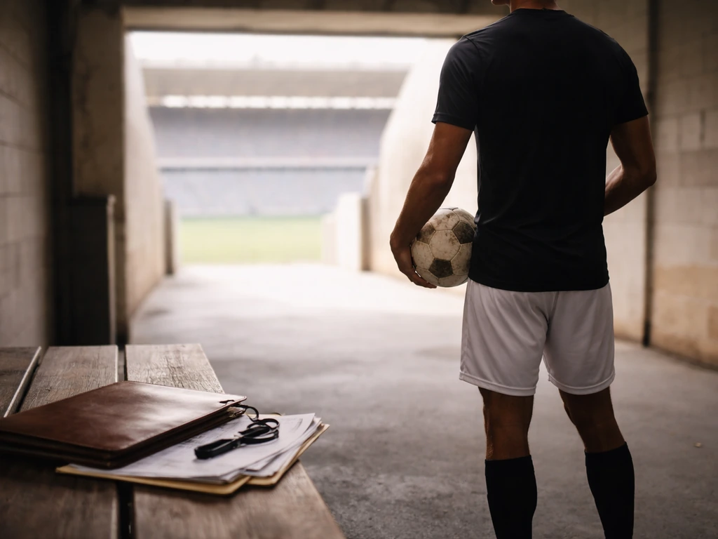 Anonymous footballer in a quiet stadium corridor holding a football beside a contract folder and training notes.