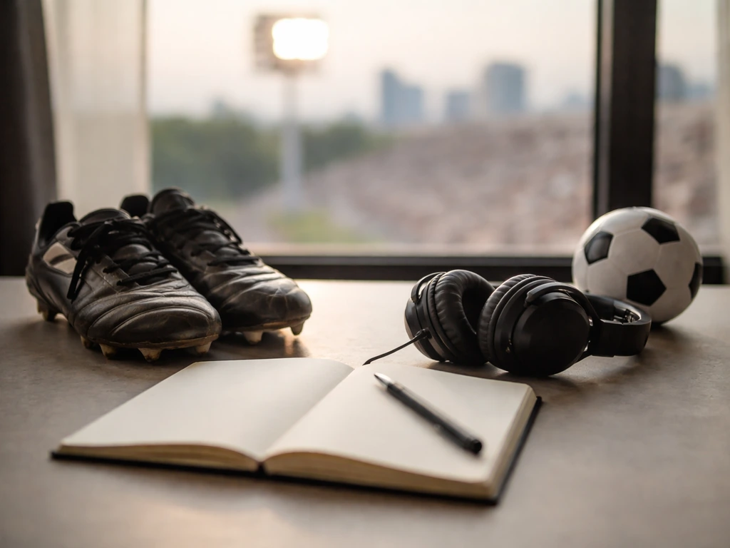Football boot and headphones on a desk with a blurred stadium skyline backdrop.