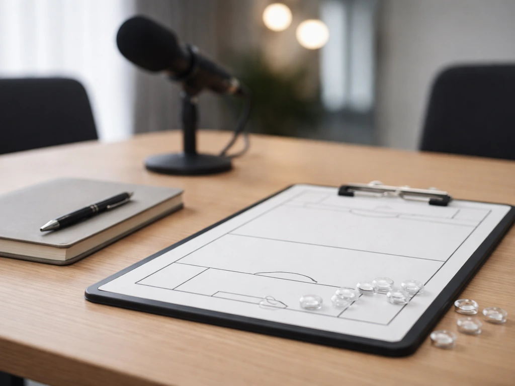 Minimal photo of a football coaching board beside a studio microphone, symbolizing coaching and TV advisory income.