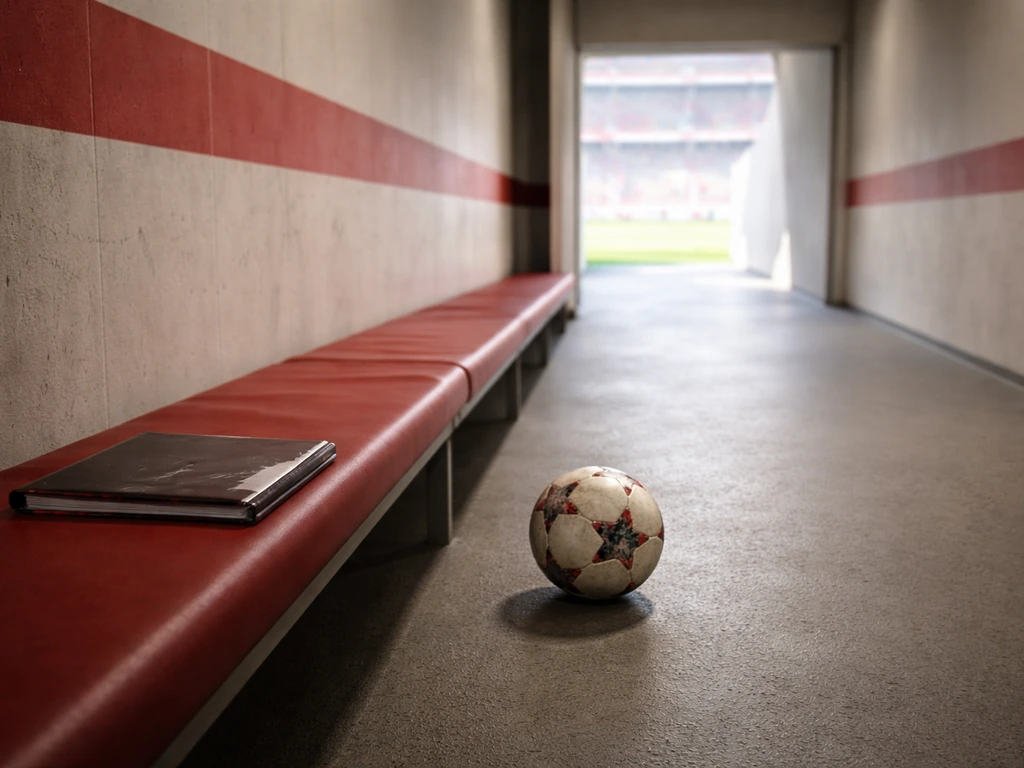 Empty Bayern Munich-style stadium tunnel with a football and glossy sports brochure on a bench