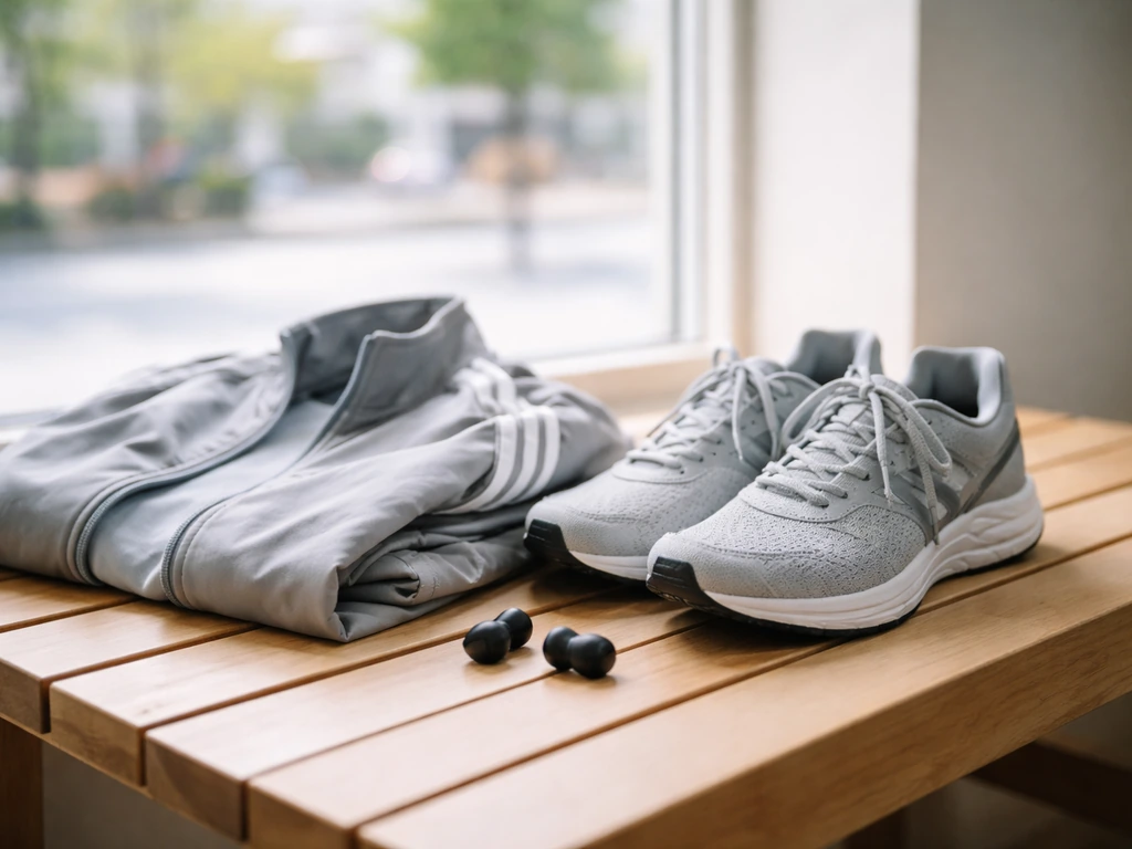 Adidas-like athletic jacket and running shoes on a bench by a bright window, no person present.