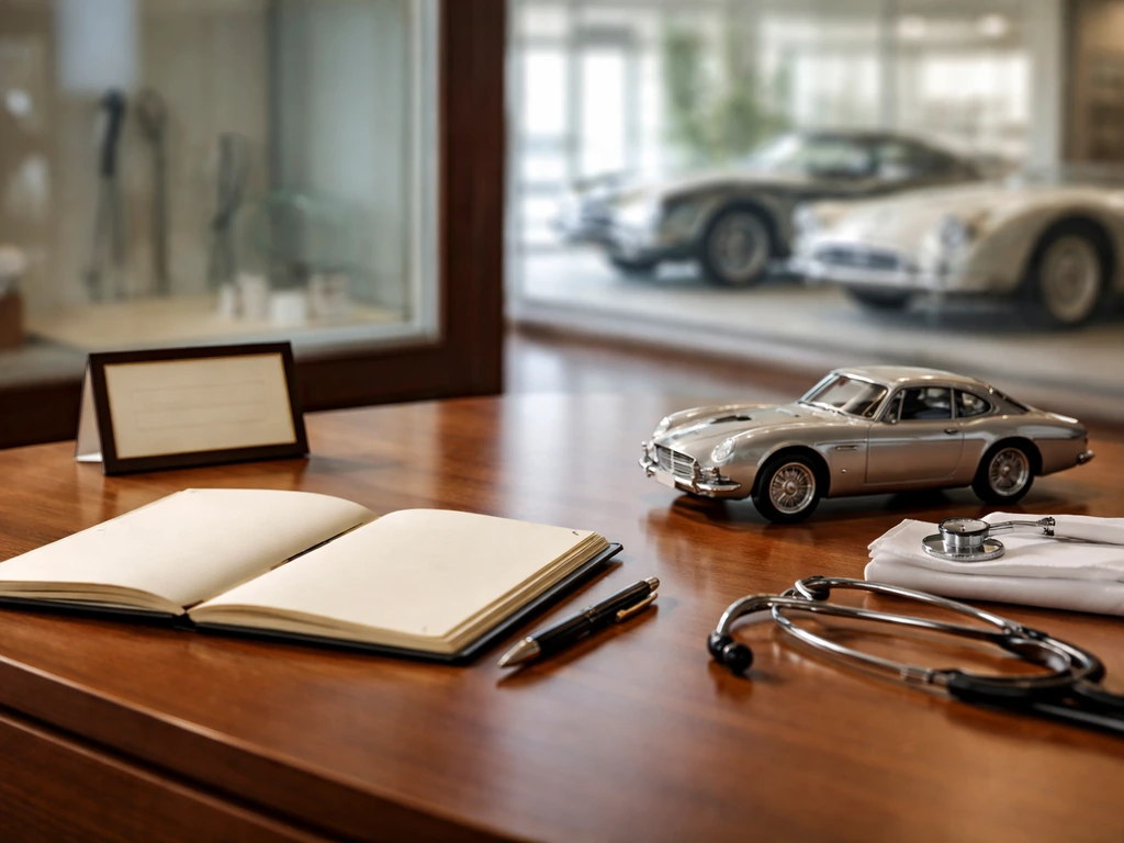 Quiet neurosurgery-themed office with a classic car model and polished desk items symbolizing verified net worth researc