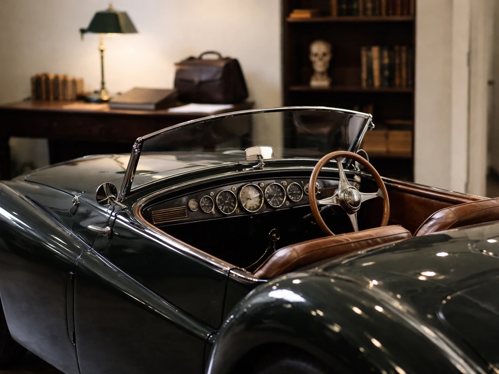 Empty museum-style exhibit hall with vintage car and subtle medical office details in the background