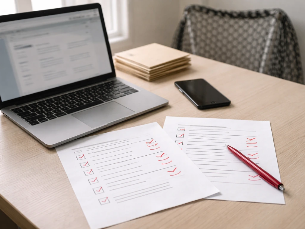 Minimal desk scene with laptop and marked documents showing verification workflow for building estimates.