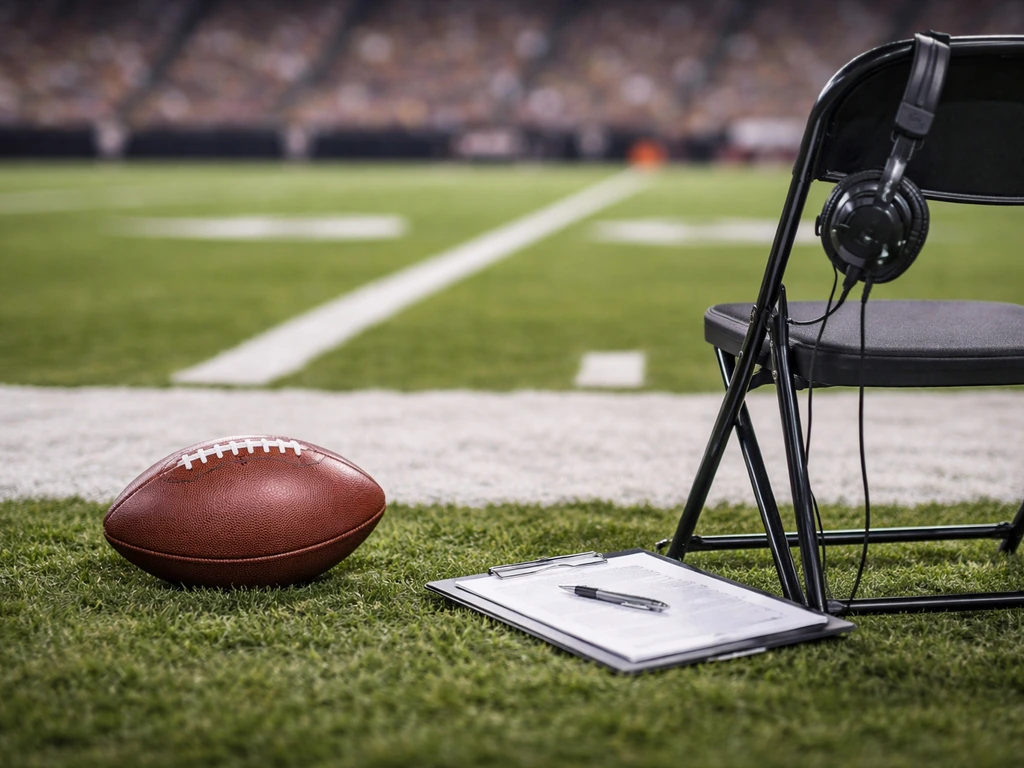 Football sideline setup with a football and coaching gear in a blurred stadium background.