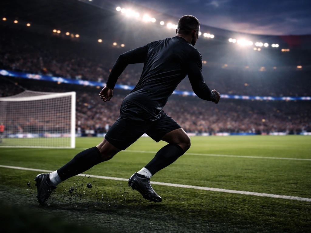 PSG-era football atmosphere with a generic player silhouette and a goal net in the background