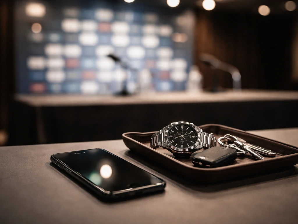 Close-up of a smartphone and luxury wristwatch on a clean desk beside a blurred sponsor backdrop