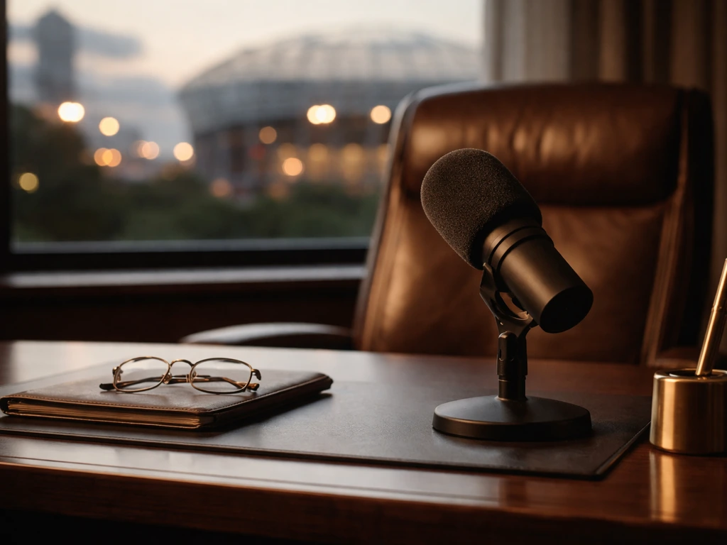 Minimal office scene with microphone and desk at dusk, symbolic of elite football management and earnings analysis.