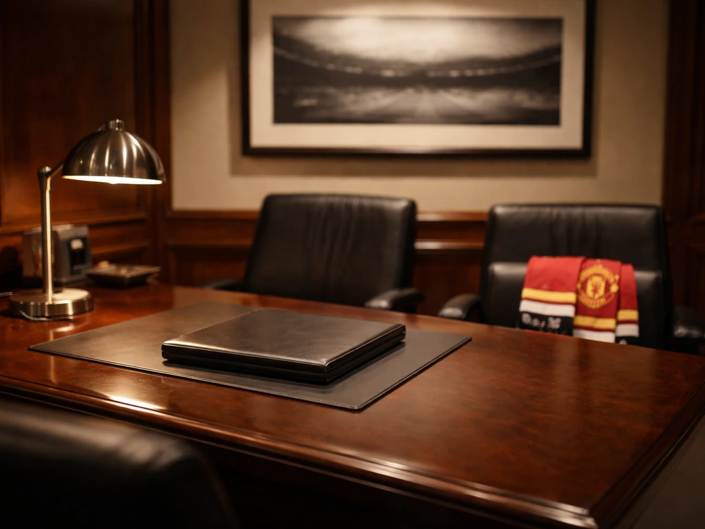 Empty luxury office with a folded football scarf, portfolio, and blurred stadium photo backdrop.