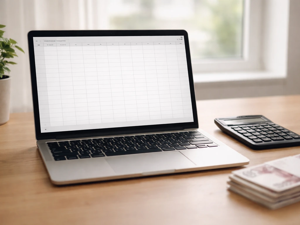 Open laptop with an empty spreadsheet grid, calculator, and neatly arranged cash on a tidy desk.