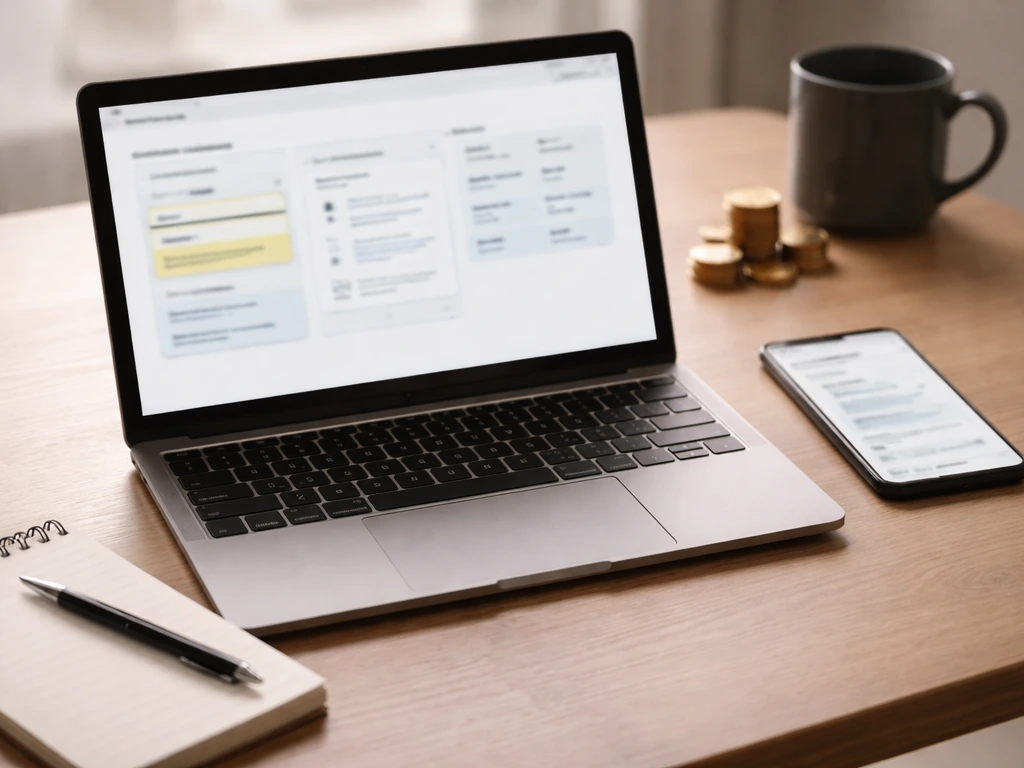 Minimal desk scene with laptop and phone showing blurred multi-source finance comparison fields.