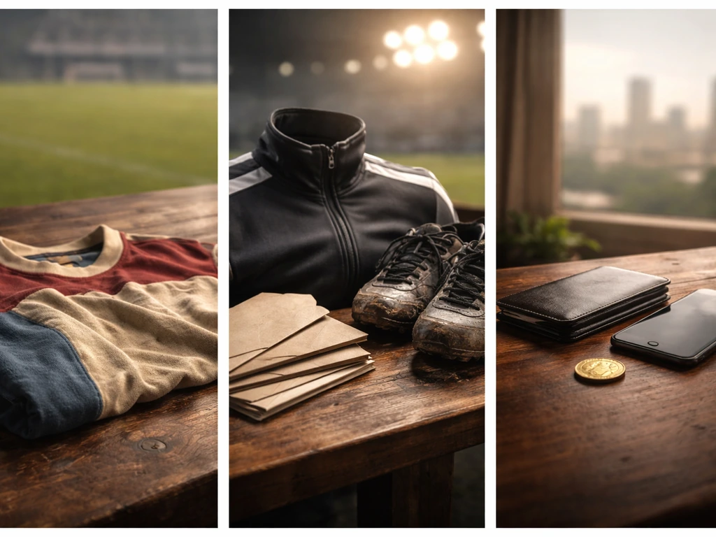 Minimal montage-style photo of football memorabilia and a subtle money theme in a calm sports studio setting.