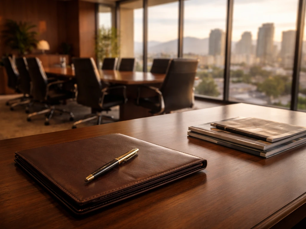 Luxury boardroom office desk with gold pen and portfolio, city skyline outside, no people.