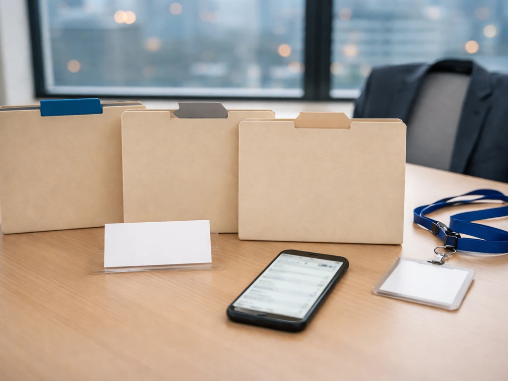 Minimal corporate desk with blank name card, blurred search on phone, and folders suggesting confusing identities.