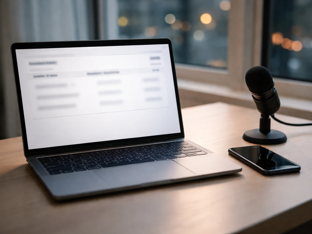 Minimal finance desk with laptop showing blurred insider-wealth table row, phone, and microphone.