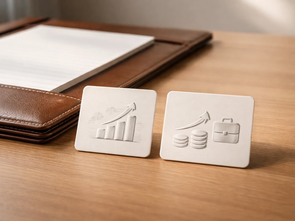 Minimal desk close-up with generic exchange and equity/compensation icon cards on wood and leather.