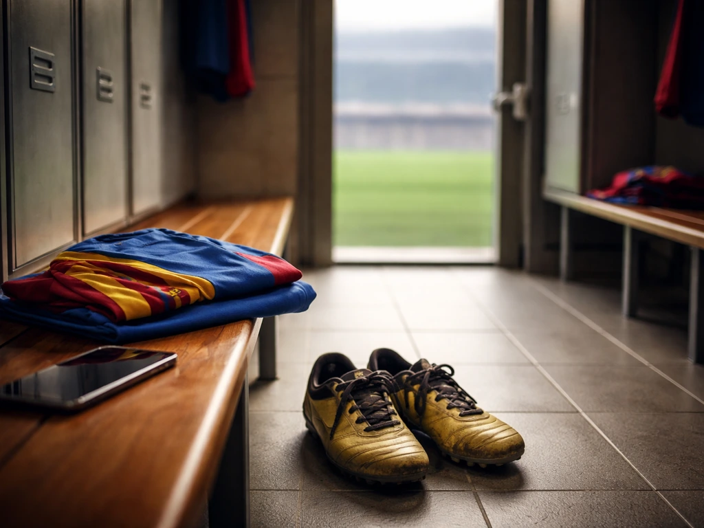 Empty locker-room scene with football boots and folded training gear beside a smartphone, symbolic of earning and verifi