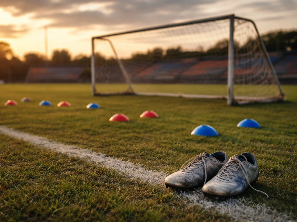 Empty training field with soccer boots and cones, evoking a football academy pathway