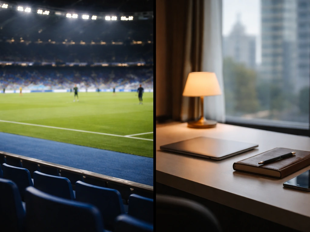 Split-screen style photo showing a football stadium side and a quiet office desk side to suggest earning phases.