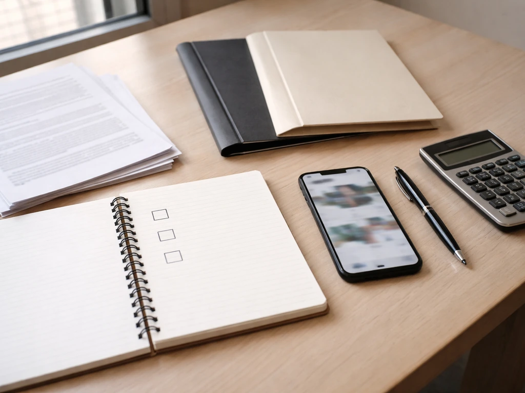 Minimal desk scene with blank checklist, calculator, blurred media on phone, and documents for net-worth verification.