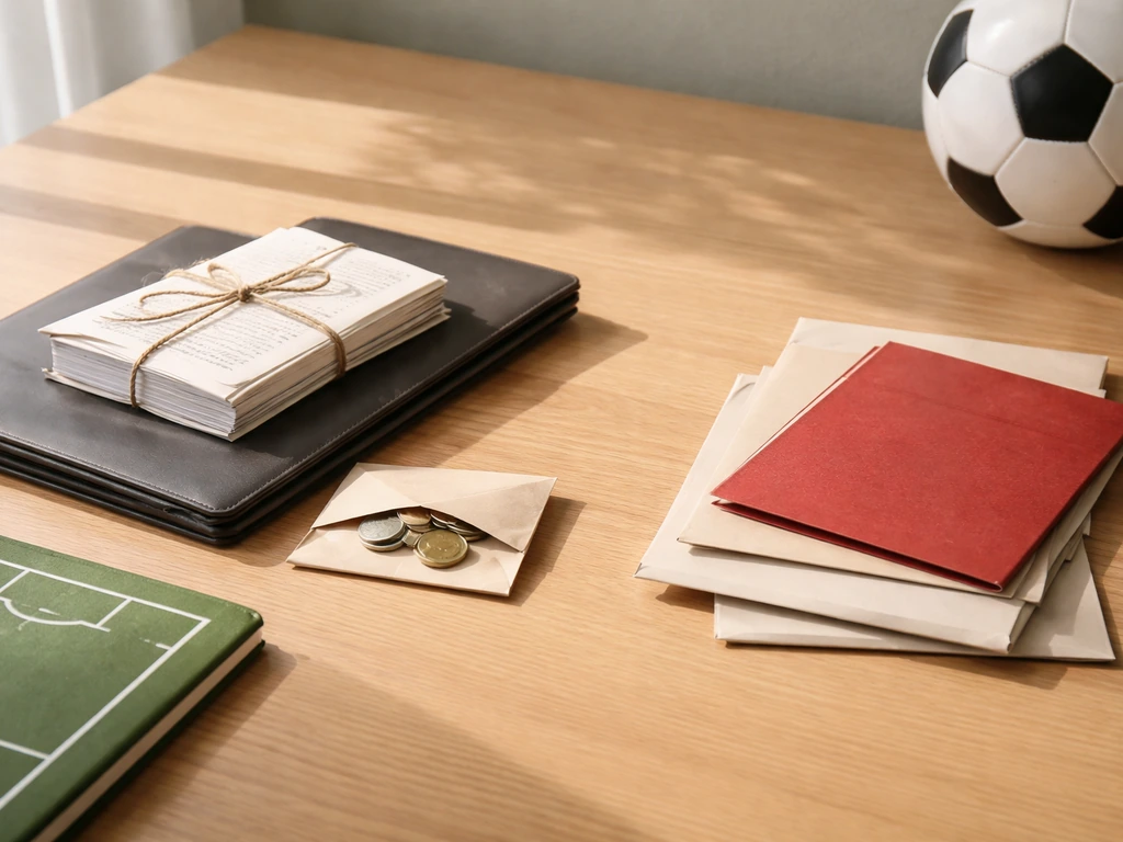 Soccer-themed asset vs liability still life showing contracts and money icons in a minimal desk scene.