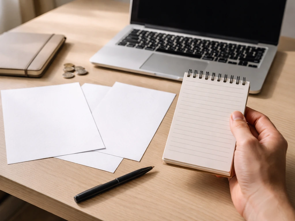 Hand compares blank papers and coins on a desk beside a laptop to symbolize verifying net worth figures.