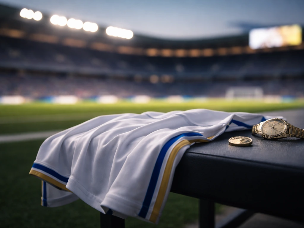 Football kit and a stadium under evening lights with a subtle sense of high-earning contract context