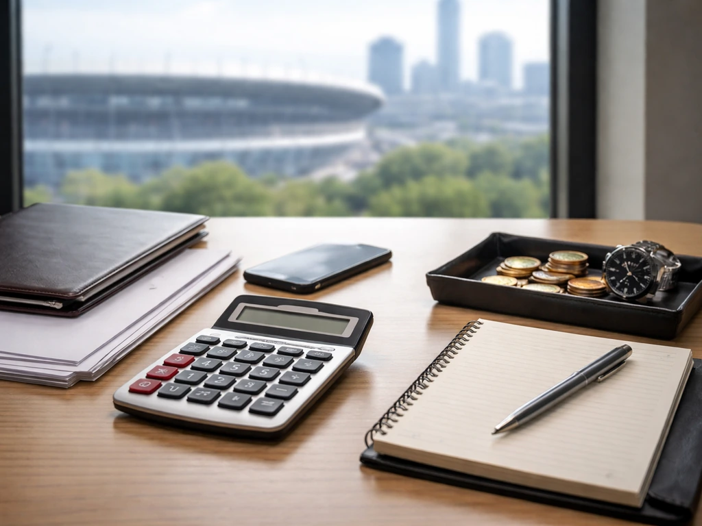 Football executive net-worth estimation shown through a quiet desk scene with documents and a calculator