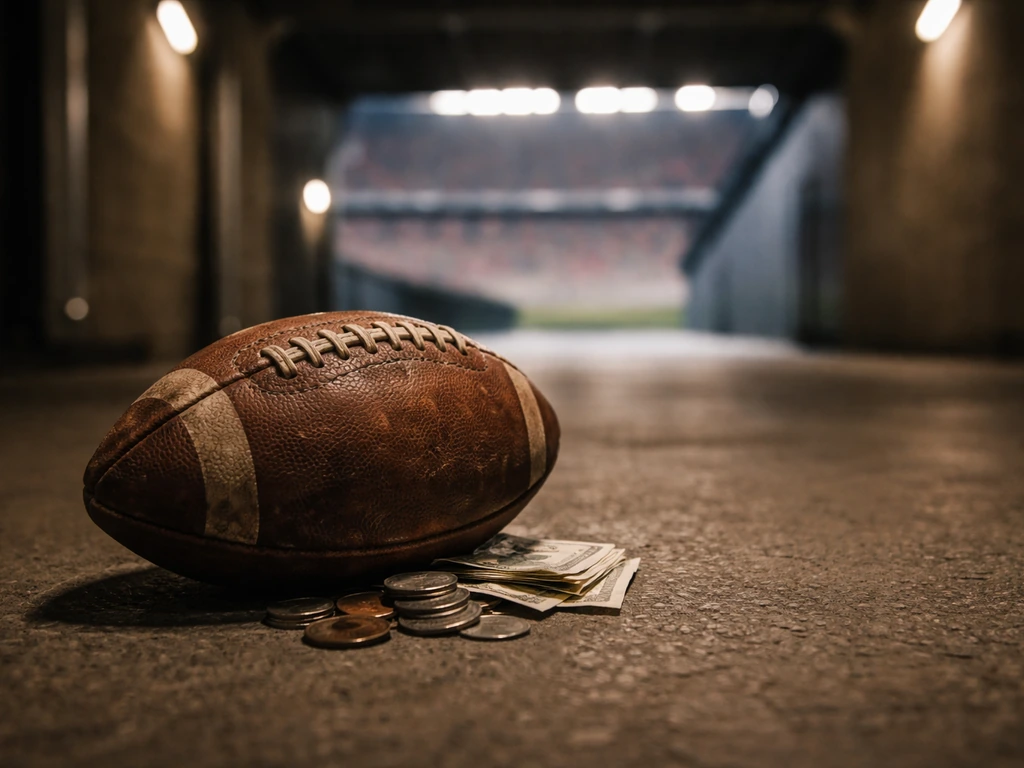 Empty football stadium scene with a worn match ball and a small stack of coins, symbolizing career and net worth.