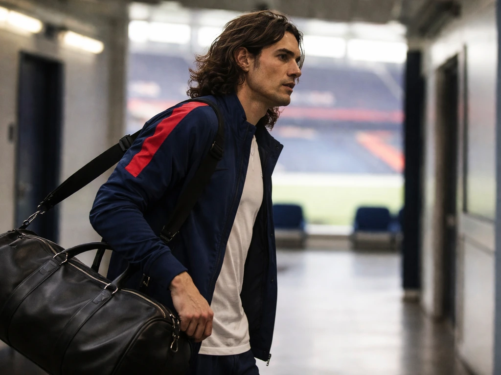 Edinson Cavani in a PSG training setting during his 2013 transfer era, arriving at a stadium corridor