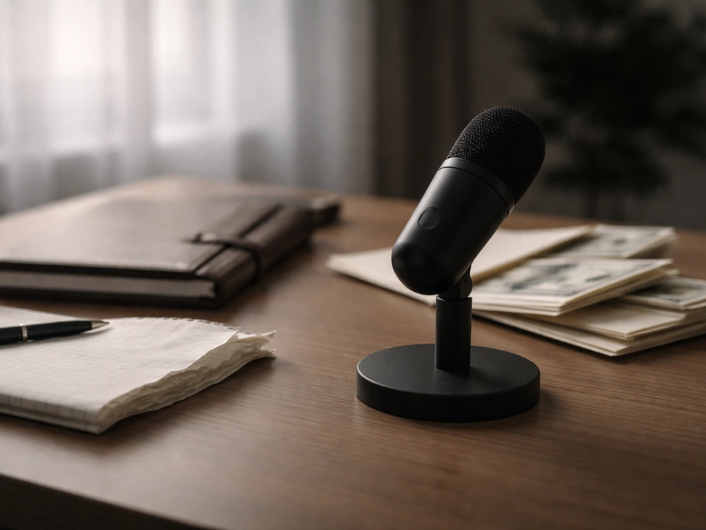 Minimal desk scene with microphone and currency envelopes symbolizing comparison of top strikers’ wealth.