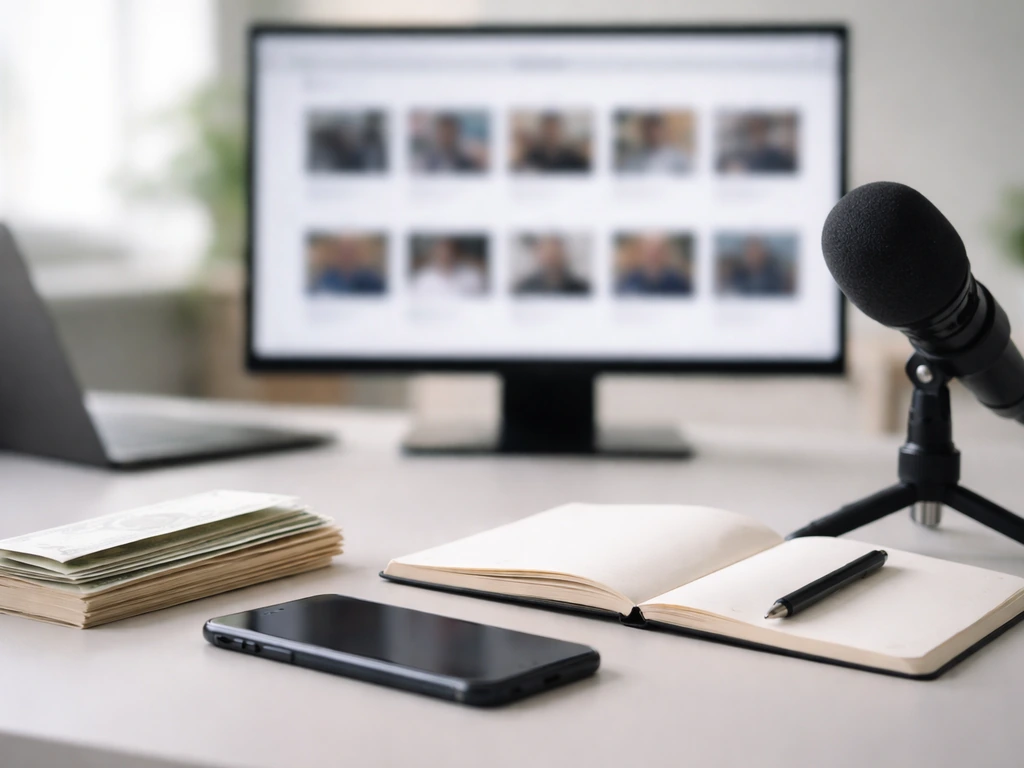 Minimal office scene symbolizing distinguishing public profiles with money and media cues