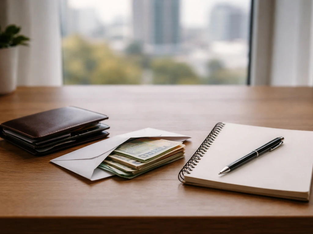 Minimal desk scene with notebook and cash envelope representing career earnings by era