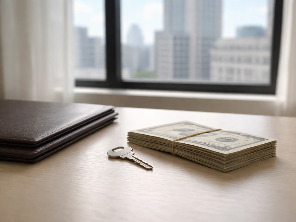 Minimal desk scene with banknotes and key, with a soft city office window suggesting career-stage tax impact.