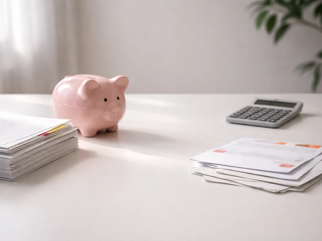 Minimal desk still life with piggy bank, documents, bills, and calculator symbolizing assets minus liabilities.