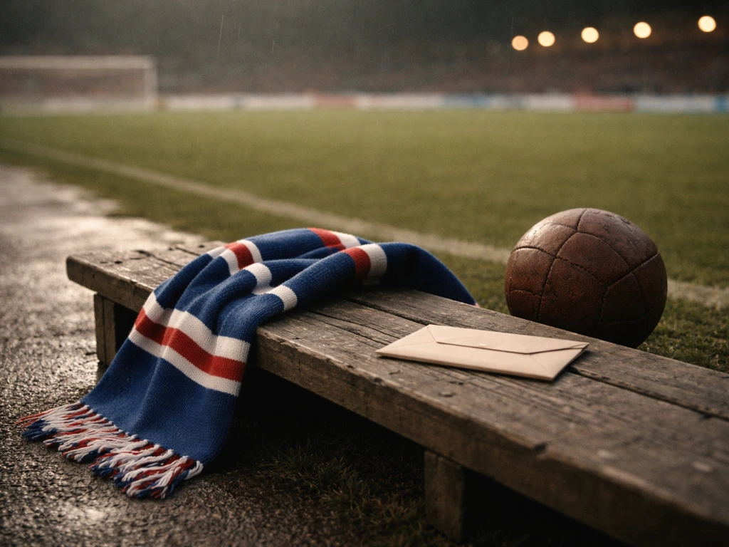 Vintage football bench scene with a striped scarf, leather ball, and plain envelope symbolizing playing-era earnings.