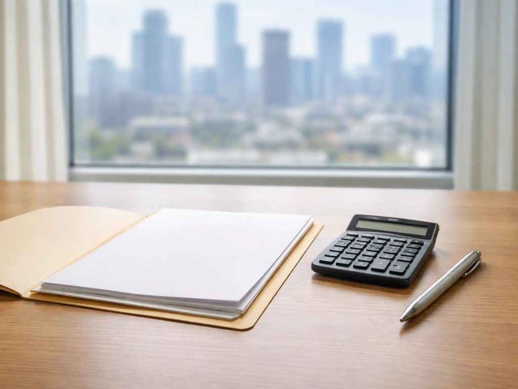 Minimal photo of a financial folder, calculator, and pen beside a blurred city skyline, symbolizing career earnings time
