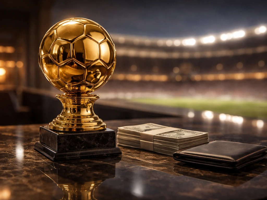 Gold football trophy on a luxury desk with subtle money motifs and a blurred stadium background.