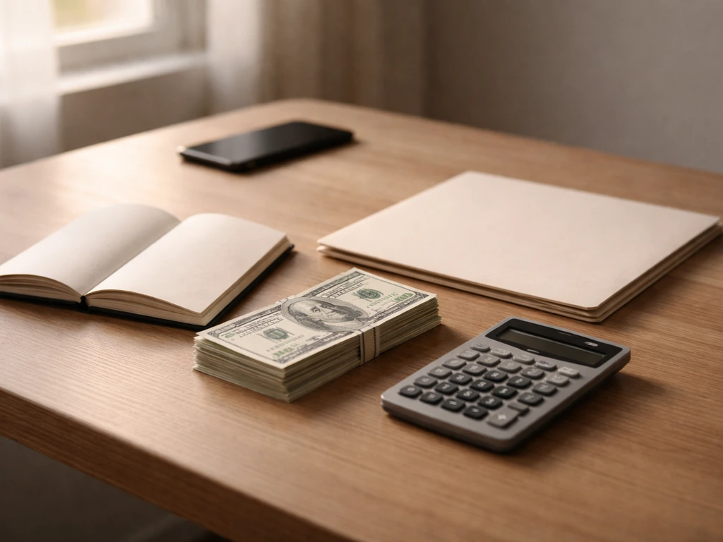 Simple photo of a coffee-stained desk with cash, contract papers, and a calculator symbolizing net worth