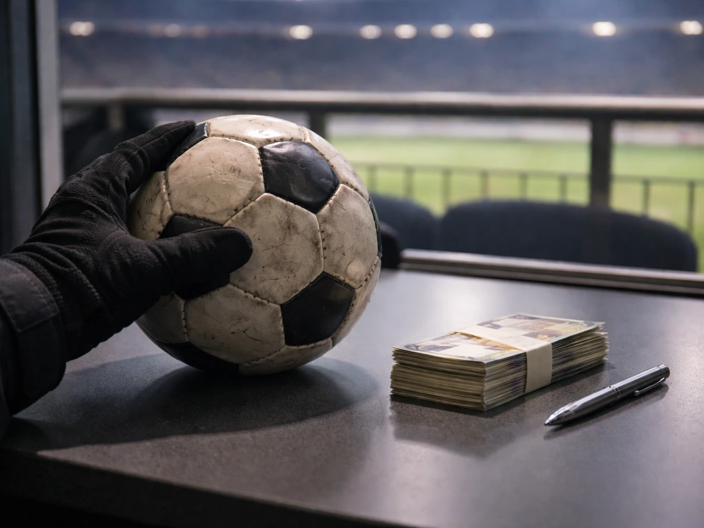 Gloved hand holding a worn football near cash-styled props in a quiet matchday media room