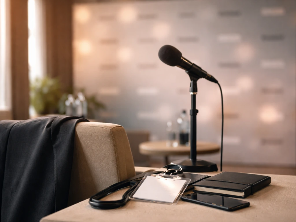 Luxury sponsor backdrop and press microphone setup, symbolizing high-profile endorsements without showing any person.