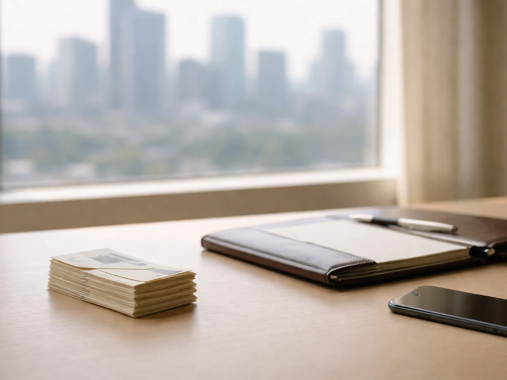 Currency envelopes and an open portfolio on a desk by a window, symbolizing changing wealth phases.