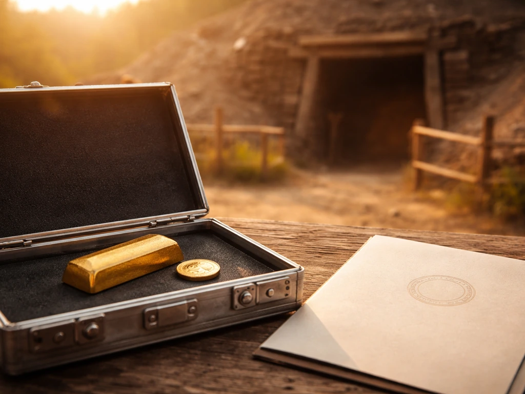Minimal scene with a gold mine entrance and a foundation-style emblem signifying charity registration