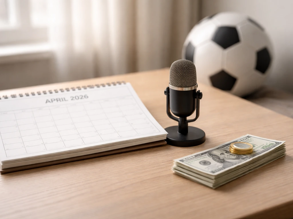 Minimal finance-themed scene with a calendar page marked for April 2026 and a football-inspired cash symbolism