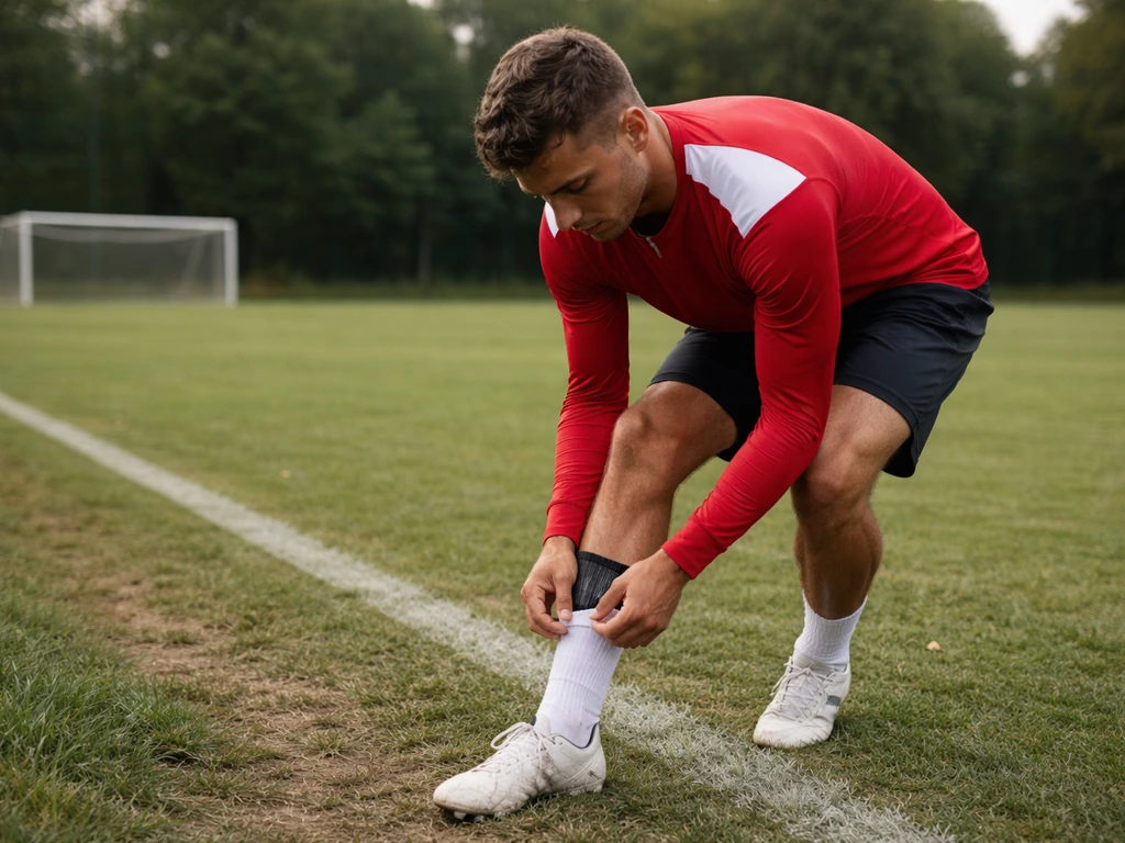 Anonymous footballer in red-and-white Lille training kit adjusting shin guards on a quiet pitch.