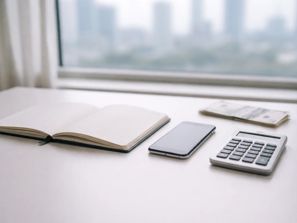 Minimal office desk with calculator, phone, and open notebooks beside a faint city view.