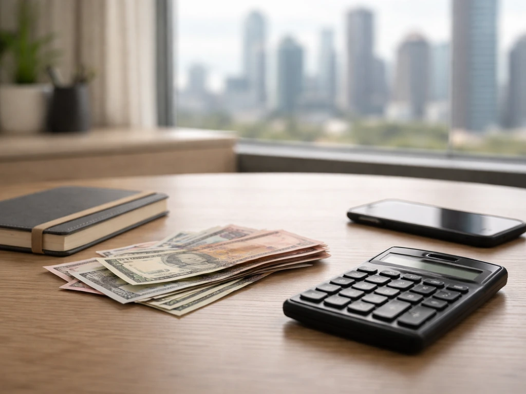 Minimal photo of a $60M-style wealth theme: currency at a desk with a calculator and blurred city backdrop.